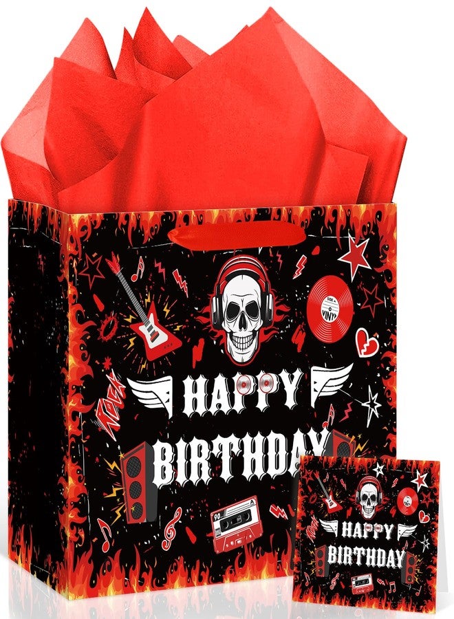 Woosytoo Rock and Roll Birthday Gift Bag Born to Rock Birthday Decorations Rocking Star Gift Wrapping Paper Bag with Greeting Card for Halloween 1950's 50s 60s Themed Glitter Music Party Favors Supplies - Image 1